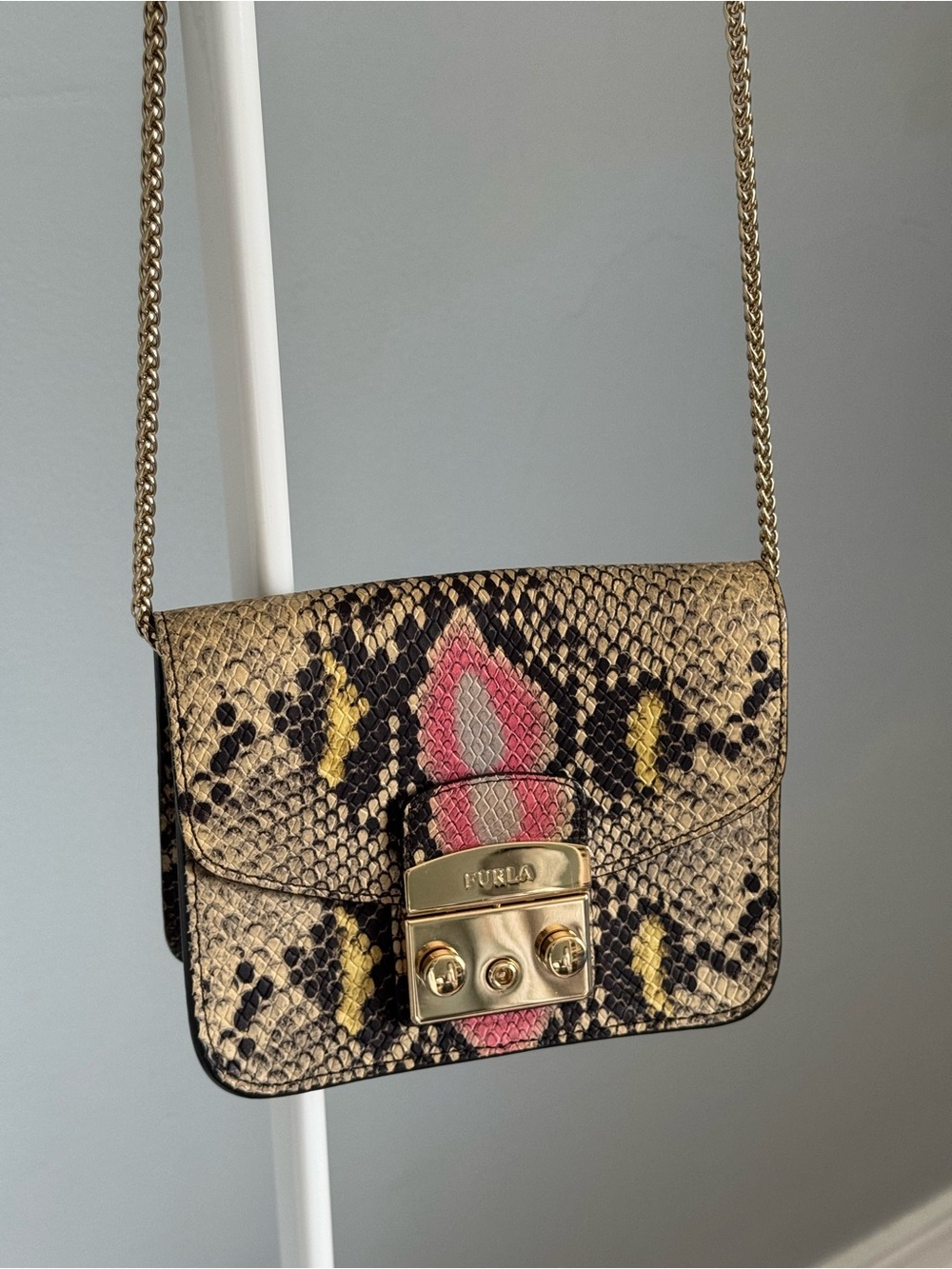 Furla Gold Snake-Print Crossbody with Pink & Yellow Accents